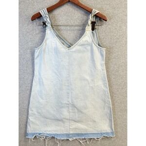 C'isa‎ Light Wash Denim Mini Dress S Frayed Hem Knot Strap 100% Cotton Y2K Style